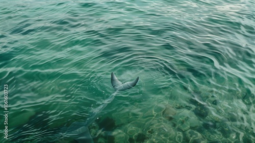 A mysterious silhouette beneath crystal-clear water hints at an aquatic fantasy, capturing a sense of wonder and marine curiosity.