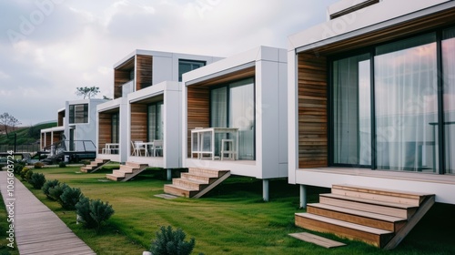 Modern, minimalist architecture features sleek, geometric designs on a lush, green landscape, signifying simplicity and elegance.