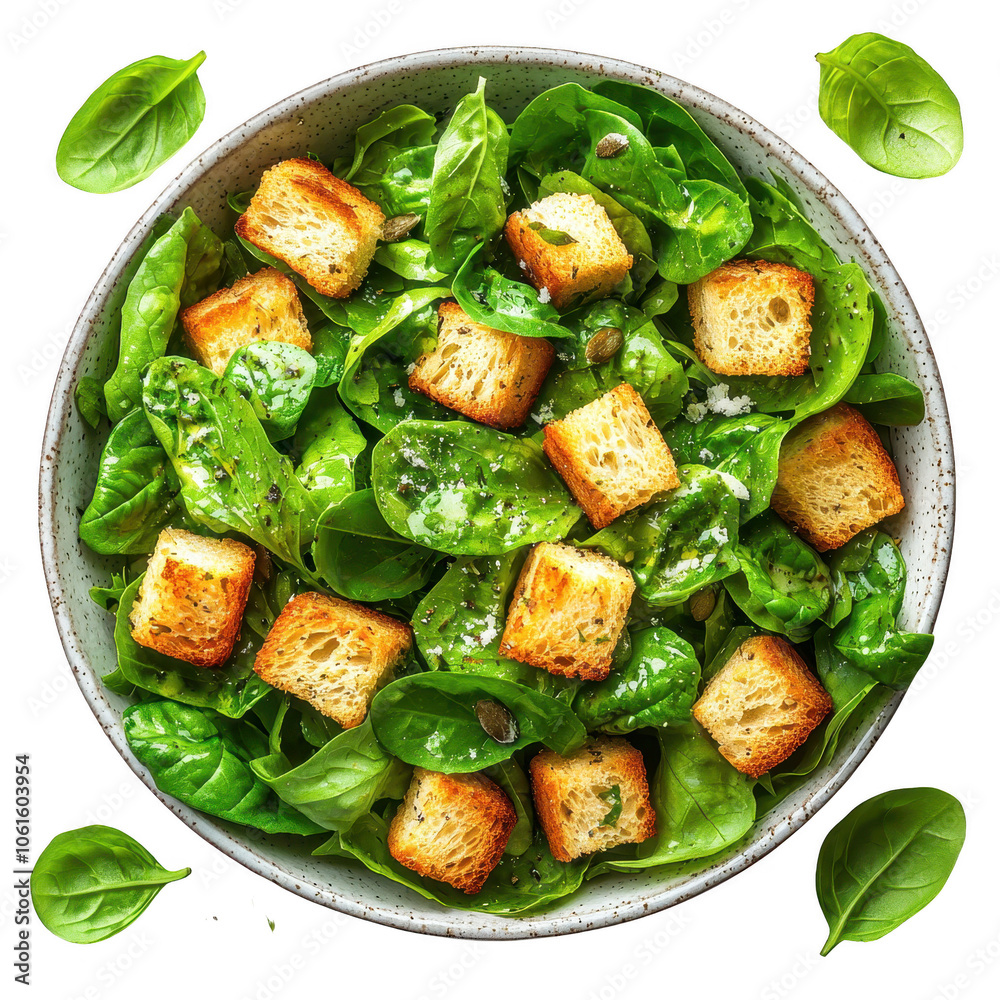A vibrant salad with fresh greens and crispy croutons, presented in a rustic bowl. Ideal for healthy eating and culinary presentations, showcasing natural ingredients. png transparent background A vibrant salad with fresh greens and crispy croutons, presented in a rustic bowl. Ideal for healthy eating and culinary presentations, showcasing natural ingredients. png transparent background