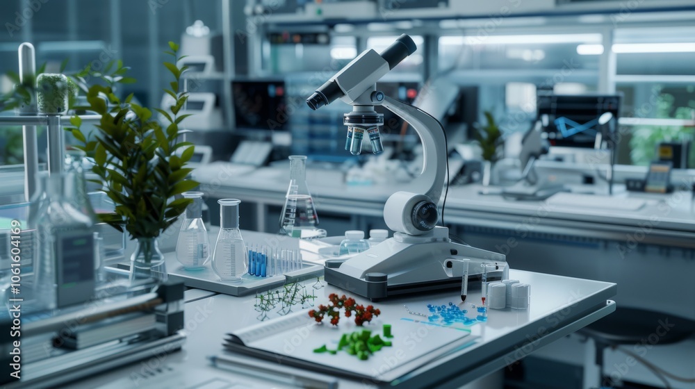 A high-tech lab brimming with microscopes and plants showcases an innovative blend of science and nature, symbolizing growth and discovery. A high-tech lab brimming with microscopes and plants showcases an innovative blend of science and nature, symbolizing growth and discovery.
