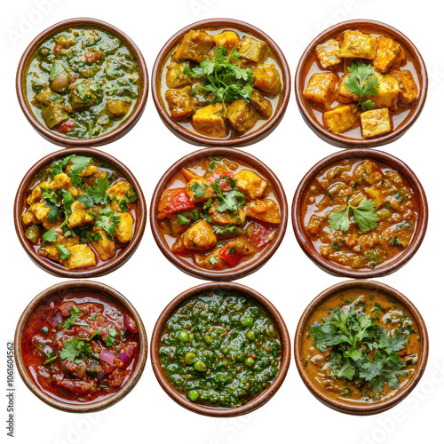 An array of colorful Indian curry dishes presented in clay bowls, garnished with fresh cilantro, ideal for showcasing diverse flavors and vibrant presentation. png transparent background