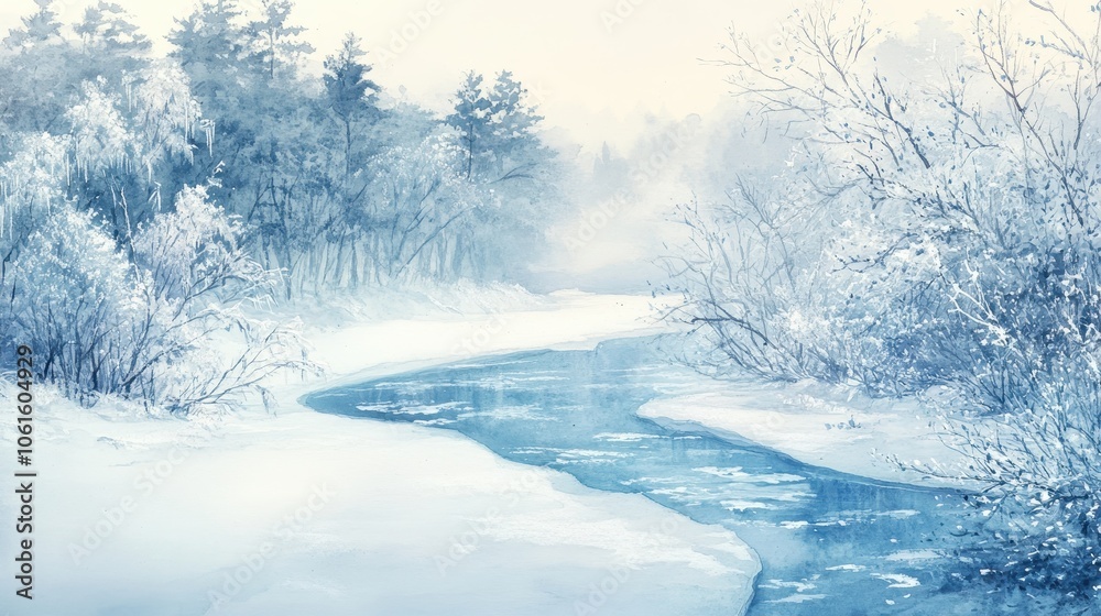 Serene Watercolor of a Frozen Winding River Serene Watercolor of a Frozen Winding River