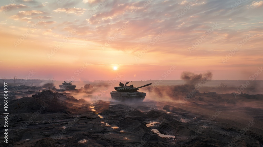 Tanks navigate rugged terrain at sunset, casting shadows and dust into the air, epitomizing strength and strategic maneuvers in a dramatic landscape. Tanks navigate rugged terrain at sunset, casting shadows and dust into the air, epitomizing strength and strategic maneuvers in a dramatic landscape.