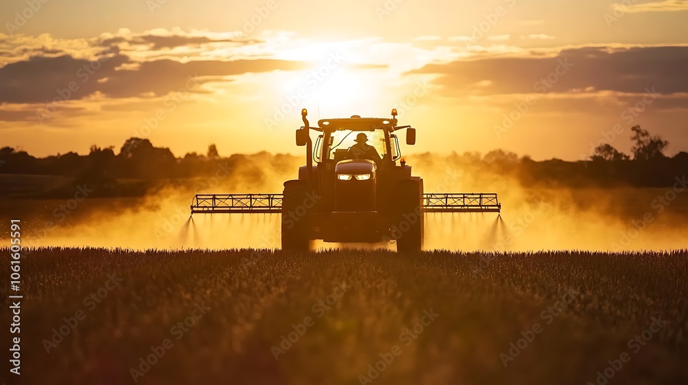 A tractor spraying crops at sunset in the farmland A tractor spraying crops at sunset in the farmland