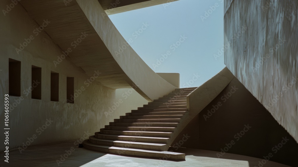 Fototapeta premium Warm sunlight casts shadows on a sweeping, sculptural staircase, creating a dance of light and shadow in a contemporary architectural marvel.