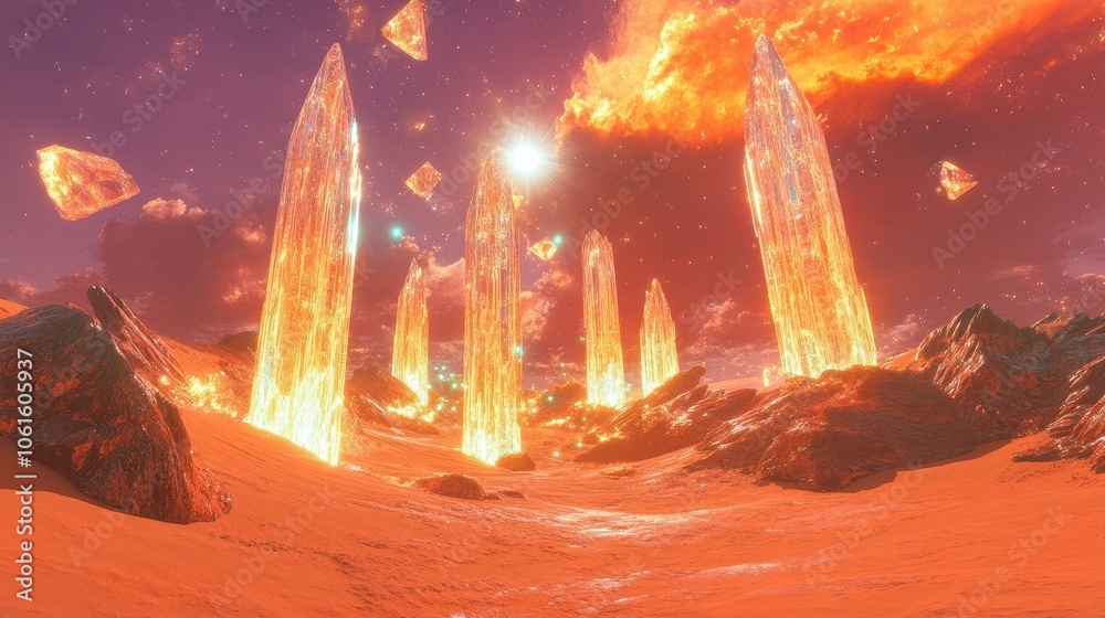 Obraz premium A surreal landscape with glowing crystal formations rising from the sand, a fiery sky above.