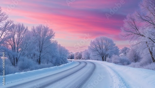 A Serene Snow-Covered Road Surrounded by Frost Suitable for Winter Travel and Landscape Photography