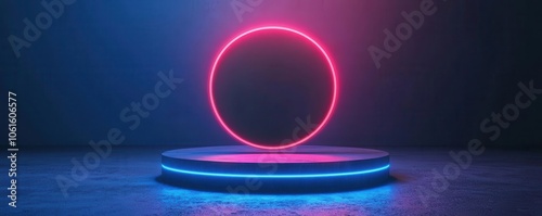 Neon circle on illuminated platform, digital art
