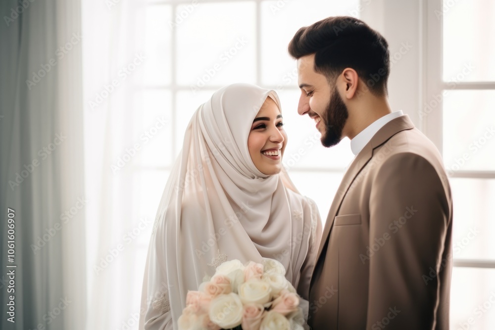 Cropped shot of muslim couple newlywed looking at each other, happy. Cropped shot of muslim couple newlywed looking at each other, happy.
