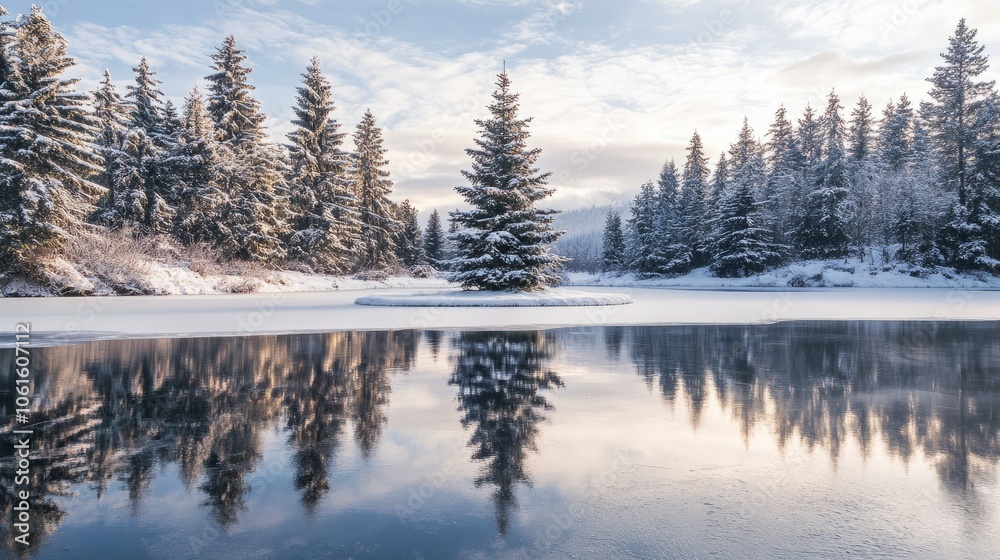 Obraz premium Frozen lake surrounded by snow-covered trees with a Christmas tree in the center