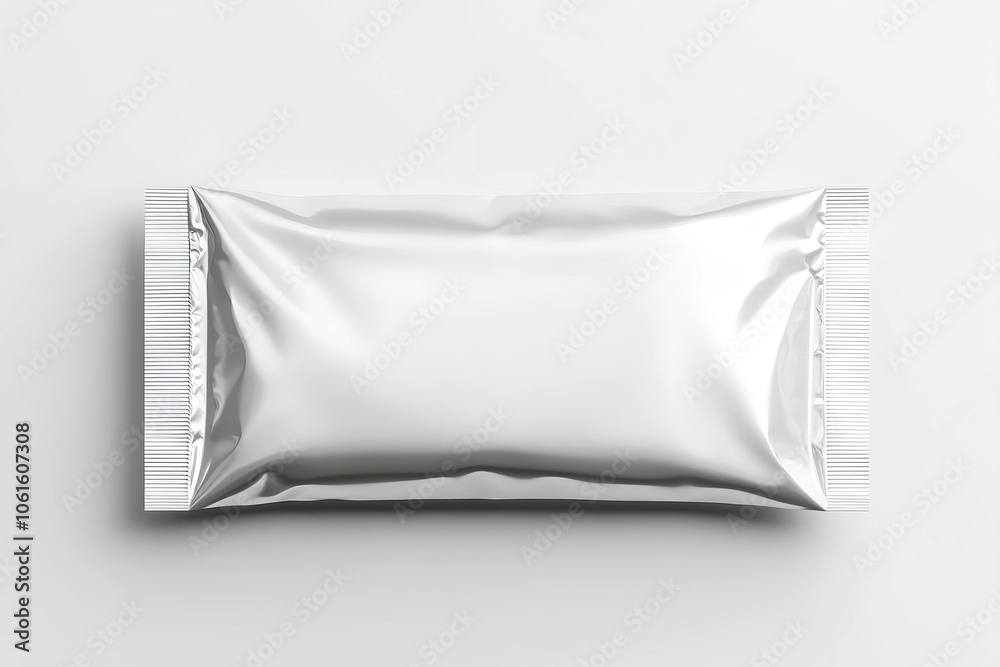 White blank plastic foil Pouch for food or candy packaging mockup on a white background, top view White blank plastic foil Pouch for food or candy packaging mockup on a white background, top view