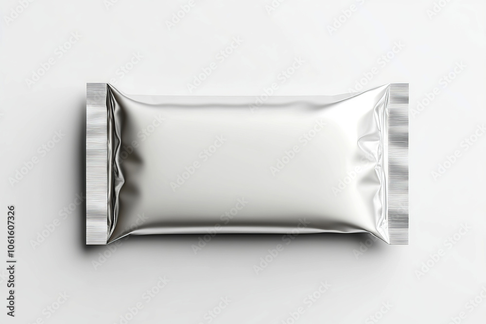 White blank plastic foil Pouch for food or candy packaging mockup on a white background, top view White blank plastic foil Pouch for food or candy packaging mockup on a white background, top view