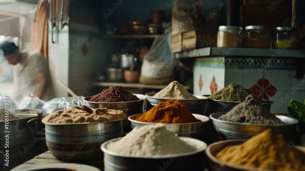 An array of colorful spices piled in bowls at a bustling market stall, emitting rich aromas and showcasing the cultural essence of culinary traditions. An array of colorful spices piled in bowls at a bustling market stall, emitting rich aromas and showcasing the cultural essence of culinary traditions.