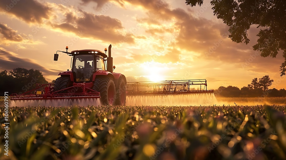 A tractor spraying crops at sunset in the farmland A tractor spraying crops at sunset in the farmland