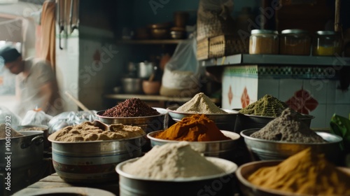 An array of colorful spices piled in bowls at a bustling market stall, emitting rich aromas and showcasing the cultural essence of culinary traditions.