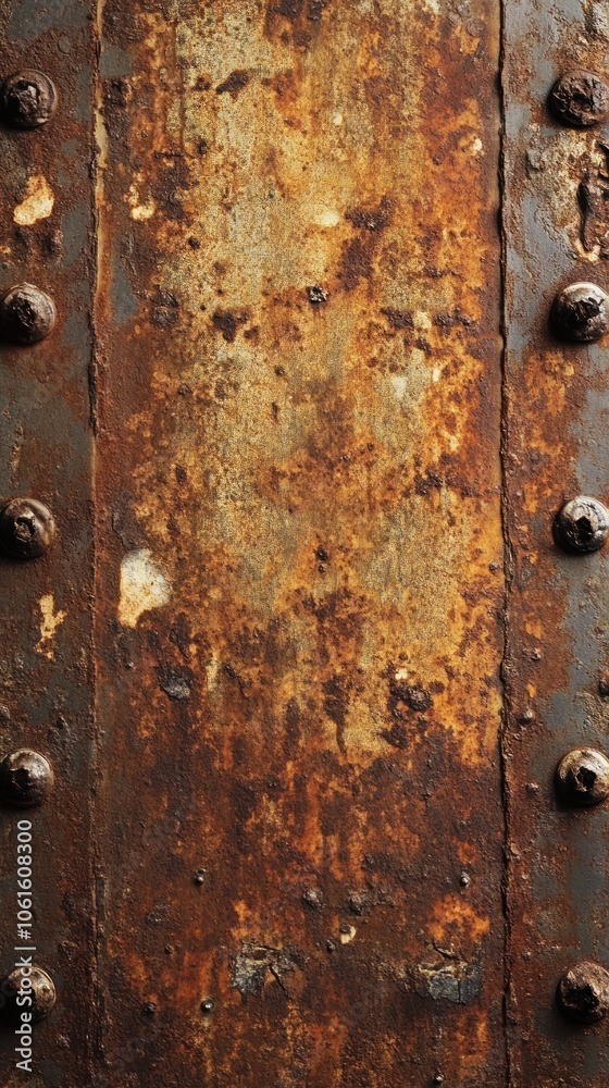 Fototapeta premium A weathered metal surface with rust and rivets, suggesting age and industrial use.