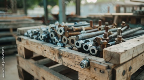 A pile of industrial bolts and screws rests on a wooden pallet, embodying sturdy construction and mechanical precision.