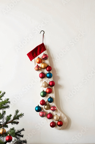 Minimalistic Christmas Stocking Filled with Colorful Ornaments