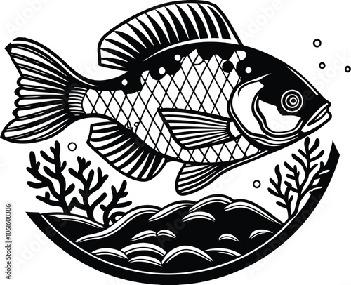 Seafood black  line art fish design with isolated vector