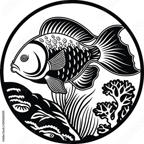 Seafood black  line art fish design with isolated vector