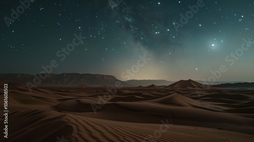 A vast desert landscape under a starry sky, exuding tranquility and the ethereal beauty of the universe.