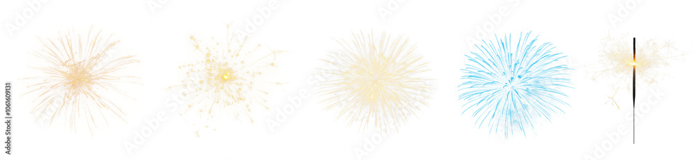 Happy New Year celebration party fireworks sparkler PNG set, cutout isolated on transparent background. Gold yellow and blue colors Happy New Year celebration party fireworks sparkler PNG set, cutout isolated on transparent background. Gold yellow and blue colors