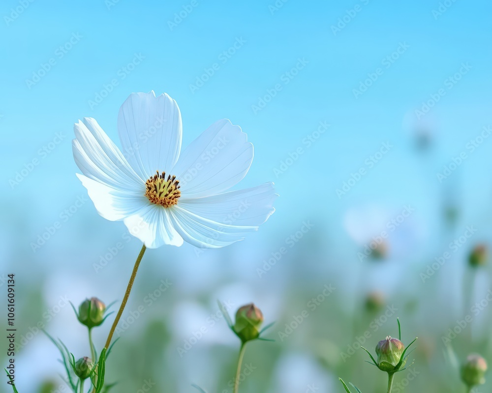 A delicate white flower stands tall against a serene blue sky, surrounded by soft green buds, radiating tranquility and natural beauty.
