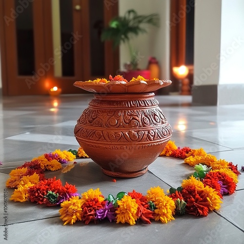 a stinless stell beautifully crafted pot in placed near the diwali puja celebration inside a beautifully decorated house,generative ai photo