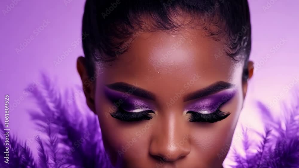 Vibrant purple eye makeup and feathers on a soft lilac background Vibrant purple eye makeup and feathers on a soft lilac background