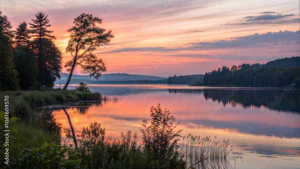 unset over a serene lake with peaceful mood and gentle evening light in an idyllic natural setting unset over a serene lake with peaceful mood and gentle evening light in an idyllic natural setting