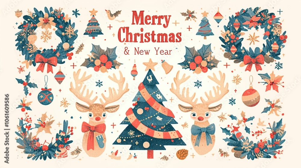 Festive Cheer: A Christmas Elements Clipart Set in Red and Blue with Wreaths, Deer, and Snowflakes on a White Background Festive Cheer: A Christmas Elements Clipart Set in Red and Blue with Wreaths, Deer, and Snowflakes on a White Background