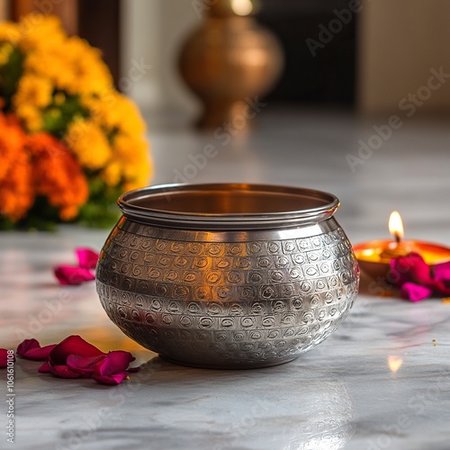 a stinless stell beautifully crafted pot in placed near the diwali puja celebration inside a beautifully decorated house,generative ai photo