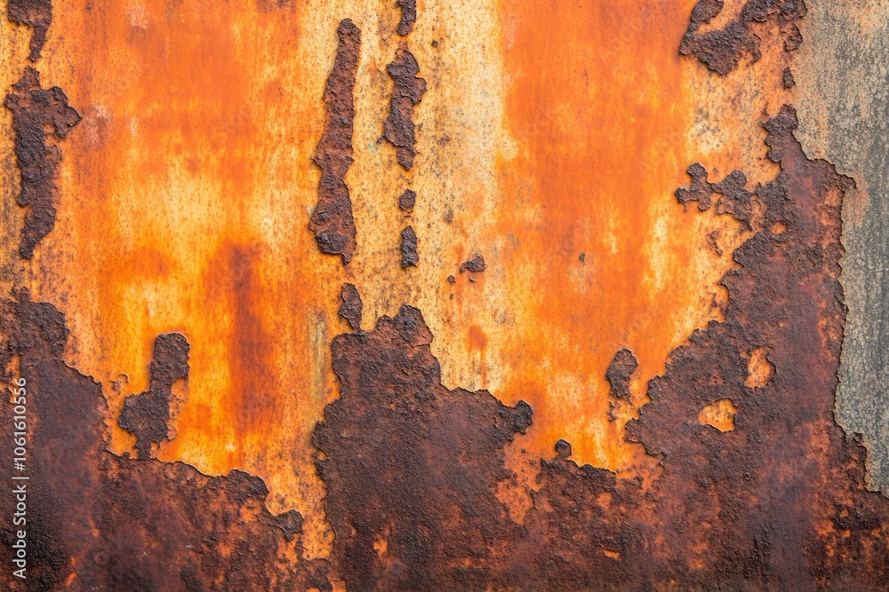 Close-up of rusted metal surface with orange and brown textures. Close-up of rusted metal surface with orange and brown textures.