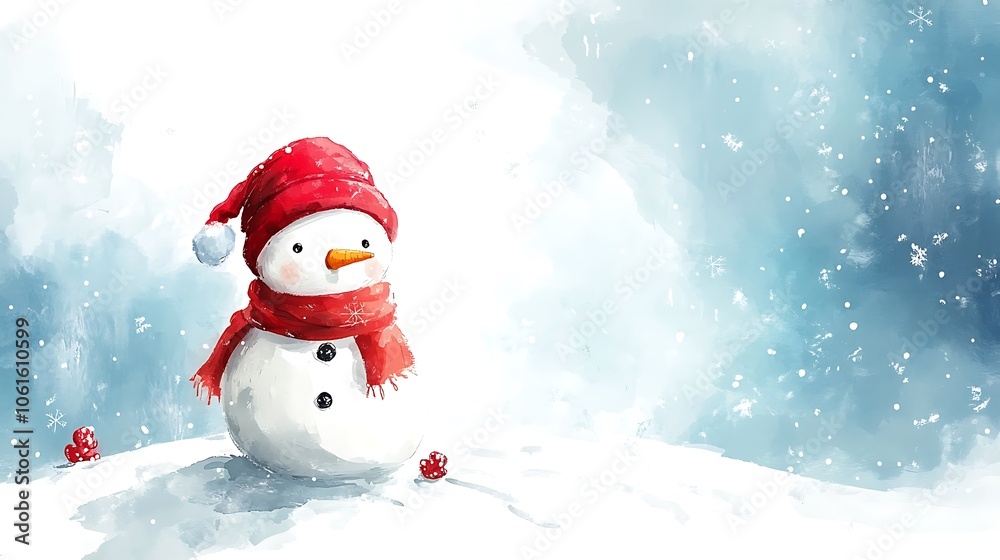 A cheerful snowman in a red hat and scarf stands in a snowy landscape with falling snowflakes. A cheerful snowman in a red hat and scarf stands in a snowy landscape with falling snowflakes.