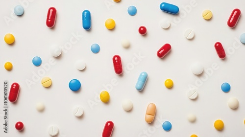 A scattering of colorful pills and capsules on a white background.