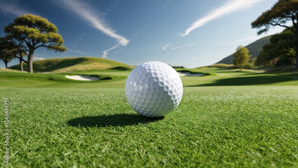 A Solitary Pristine White Golf Ball Resting on a Green Fairway, Perfect for Illustrating Golfing Lifestyle and Equipment Usage in Marketing Materials A Solitary Pristine White Golf Ball Resting on a Green Fairway, Perfect for Illustrating Golfing Lifestyle and Equipment Usage in Marketing Materials