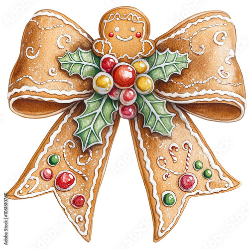 Festive Gingerbread Figures with Holiday Decorations, Adorable gingerbread characters with festive bows, holly accents, and Christmas decorations, perfect for holiday designs, greeting cards
