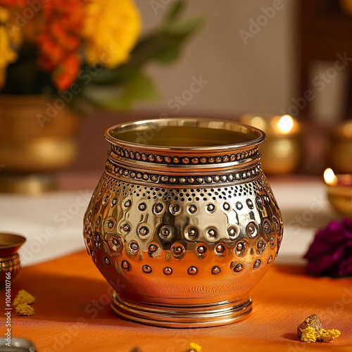 a stinless stell beautifully crafted pot in placed near the diwali puja celebration inside a beautifully decorated house,generative ai photo