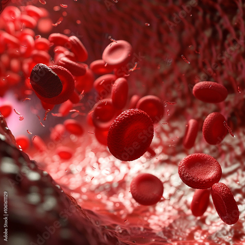 3D rendering of red blood cells in vein with depth of field flowing in one direction