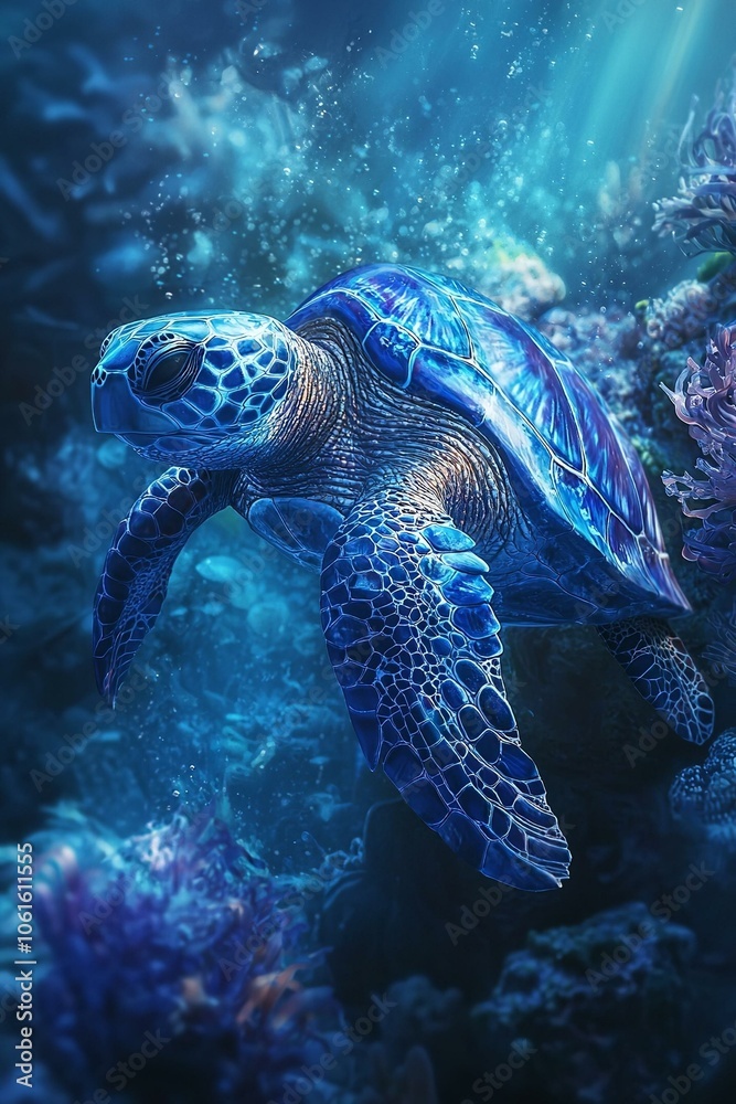 Obraz premium Plastic pollution in ocean environmental problem. turtles can eat plastic bags mistaking them for jellyfish.