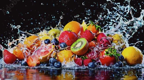 a pile of various fresh fruit on the table splashed with water