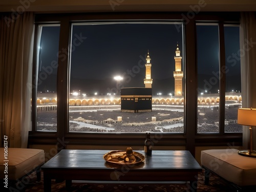 Beautiful view mecca through window from hotel