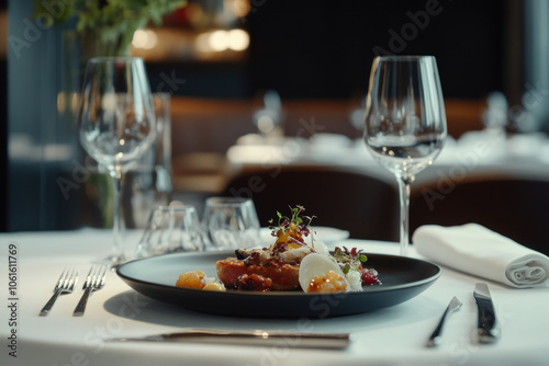 Plate of food on table with wine glasses.