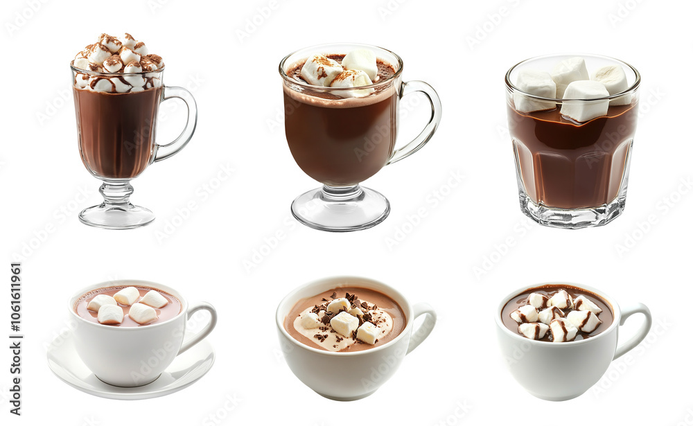 Obraz premium Christmas hot chocolate with marshmallows in glass and cup PNG set, cutout isolated on transparent background. Festive warm winter holiday season drink