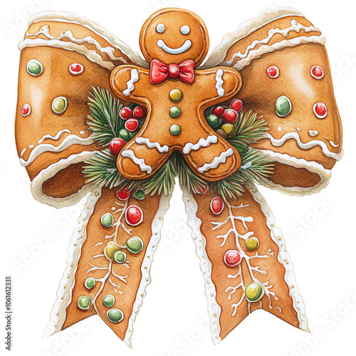Festive Gingerbread Figures with Holiday Decorations, Adorable gingerbread characters with festive bows, holly accents, and Christmas decorations, perfect for holiday designs, greeting cards
