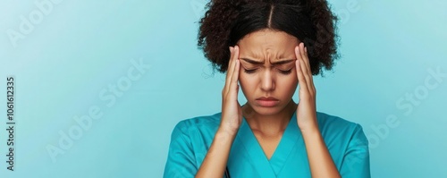 Woman with headache, wearing medical uniform