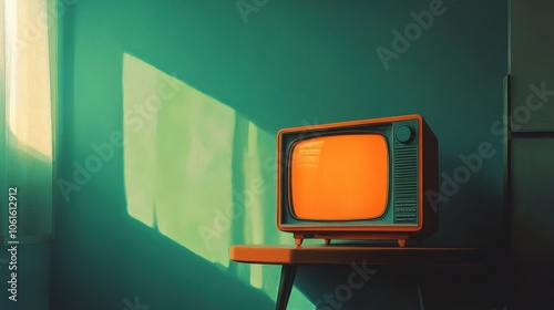 Retro orange TV aquamarine wall. Generative AI photo