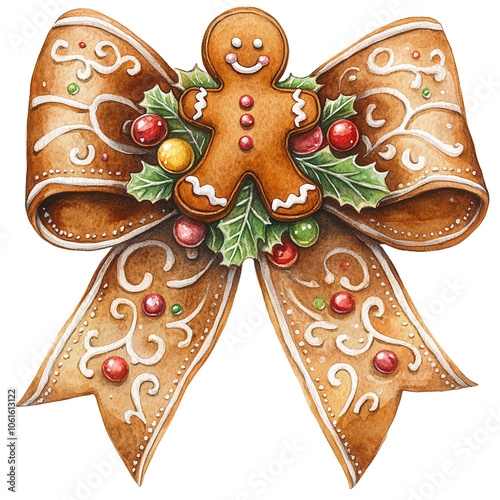 Festive Gingerbread Figures with Holiday Decorations, Adorable gingerbread characters with festive bows, holly accents, and Christmas decorations, perfect for holiday designs, greeting cards
