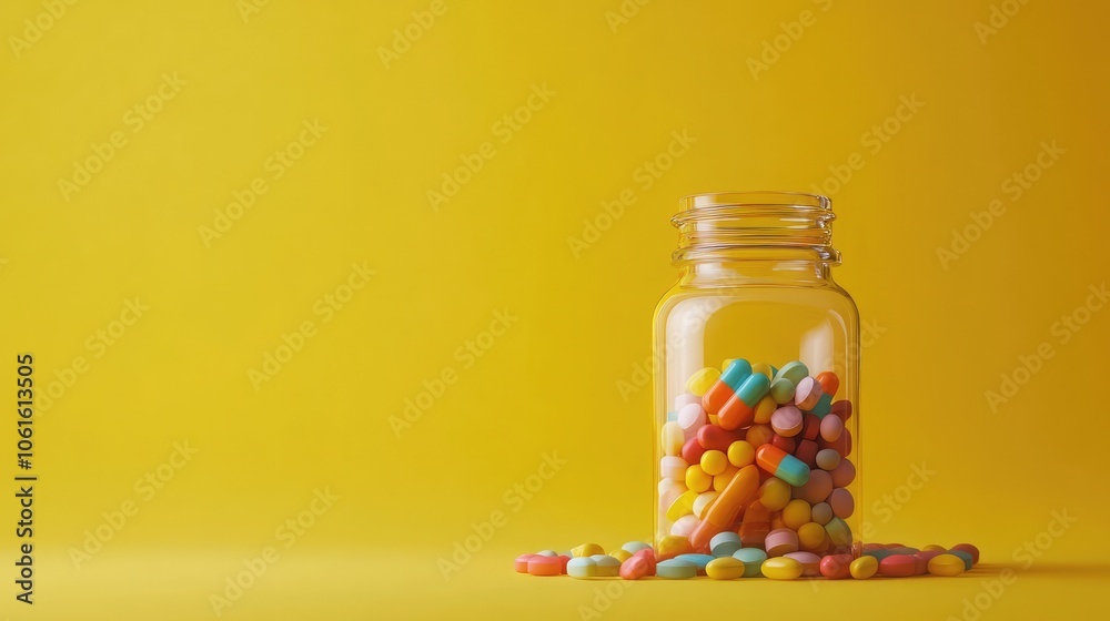 A glass jar filled with colorful pills spills onto a vibrant yellow background. A glass jar filled with colorful pills spills onto a vibrant yellow background.