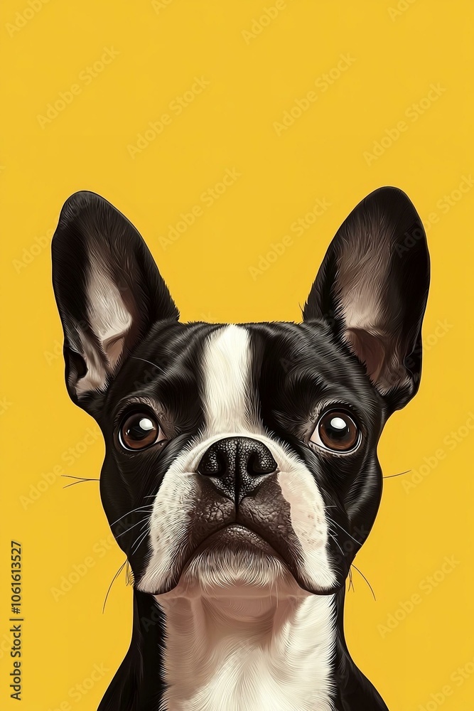 The top of the dog's head with large black ears boston terrier breed on a yellow background. creative. banner. The top of the dog's head with large black ears boston terrier breed on a yellow background. creative. banner.